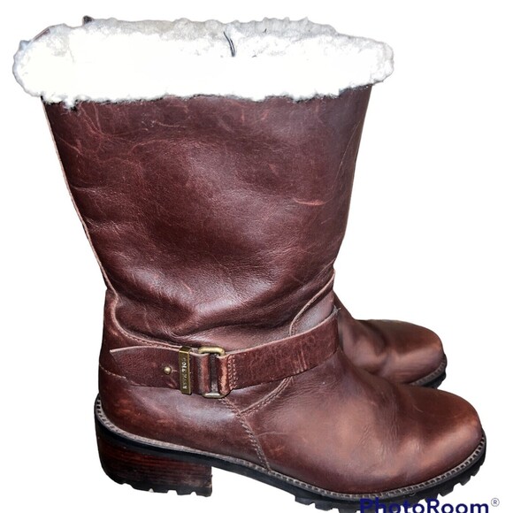 Cole Haan Champion Brown Leather Waterproof Zip Up Boots Womens 7.5 sherpa trim - Picture 1 of 10